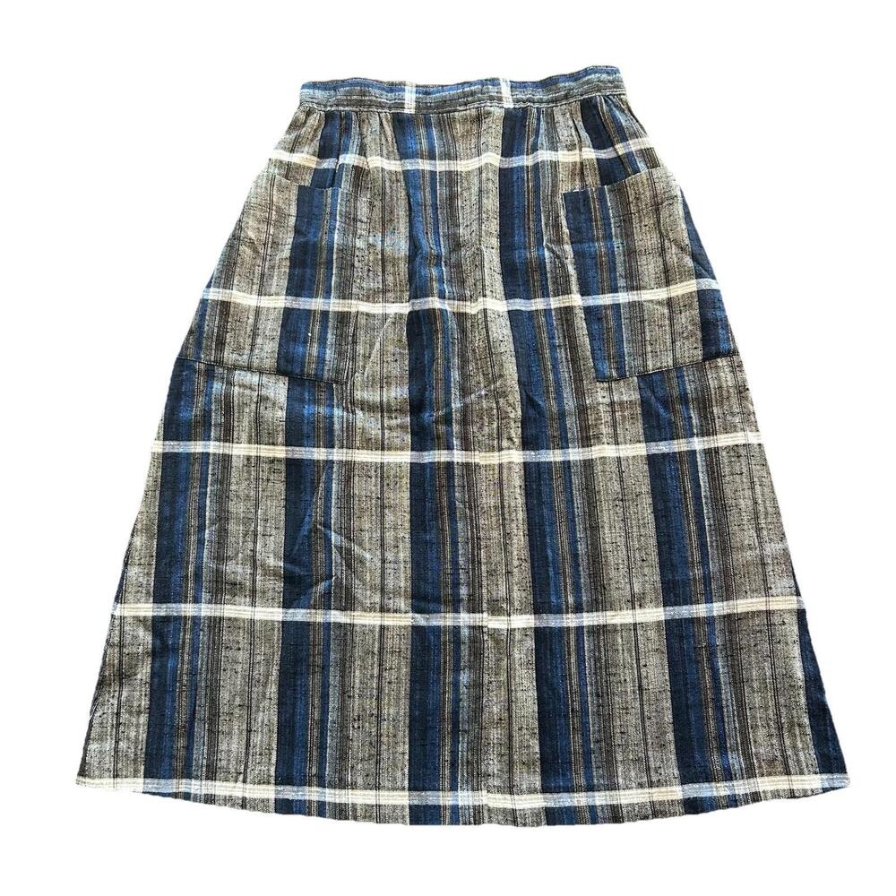 Vintage 80s Dimensions Blue Gray Plaid A-Line Rayon Blend Midi Skirt Pockets  M